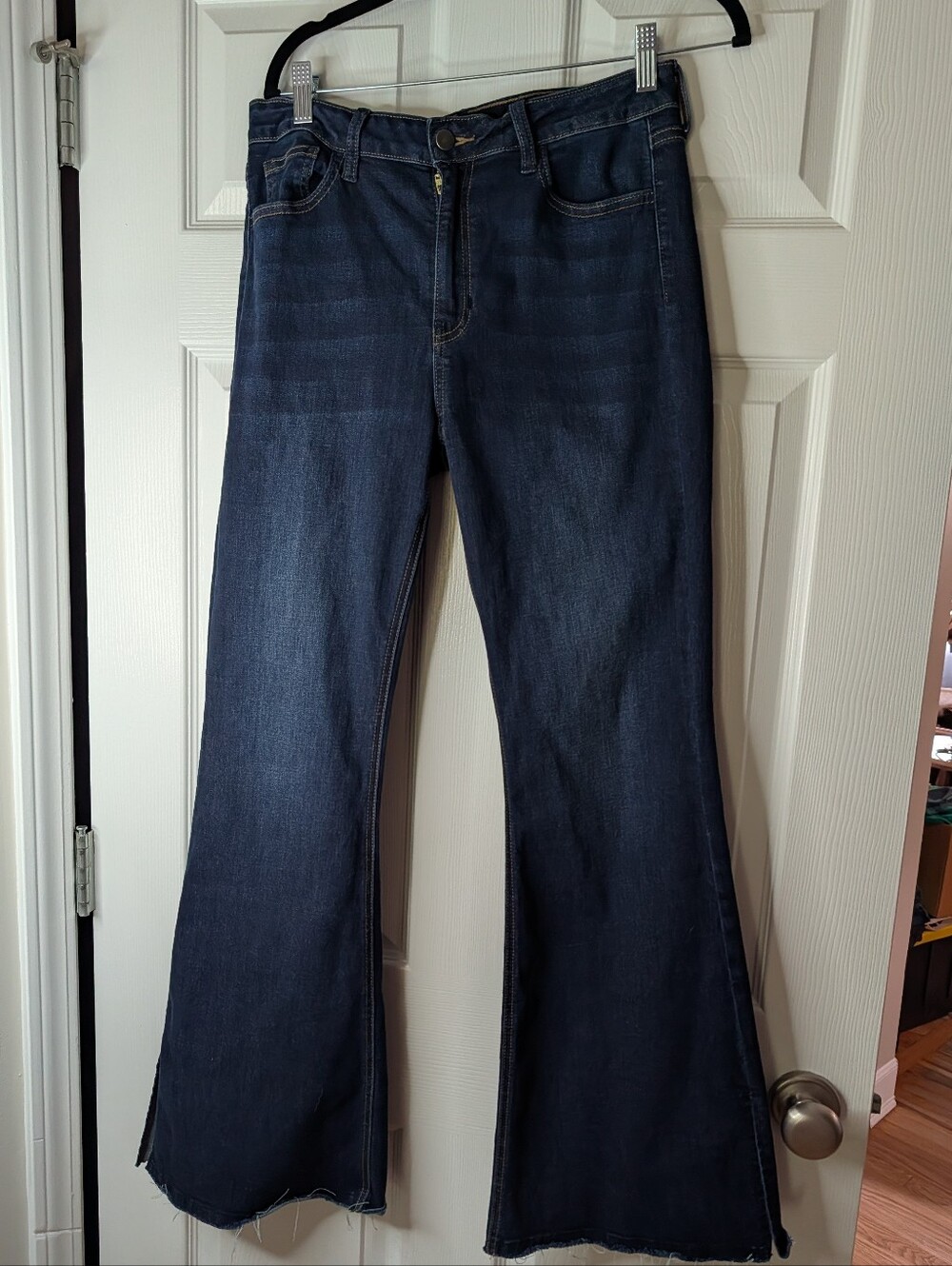 Indigo Six Women's Dark Wash High Rise Flare Jeans Raw Hem Stretch Size 10